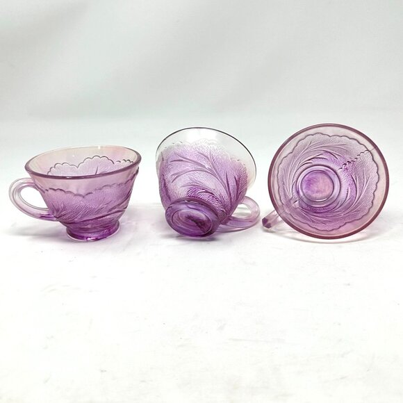 Vintage Indiana Glass Pebble Leaf Tea Cups Pink Floral Pressed 3pc Set - Picture 15 of 16